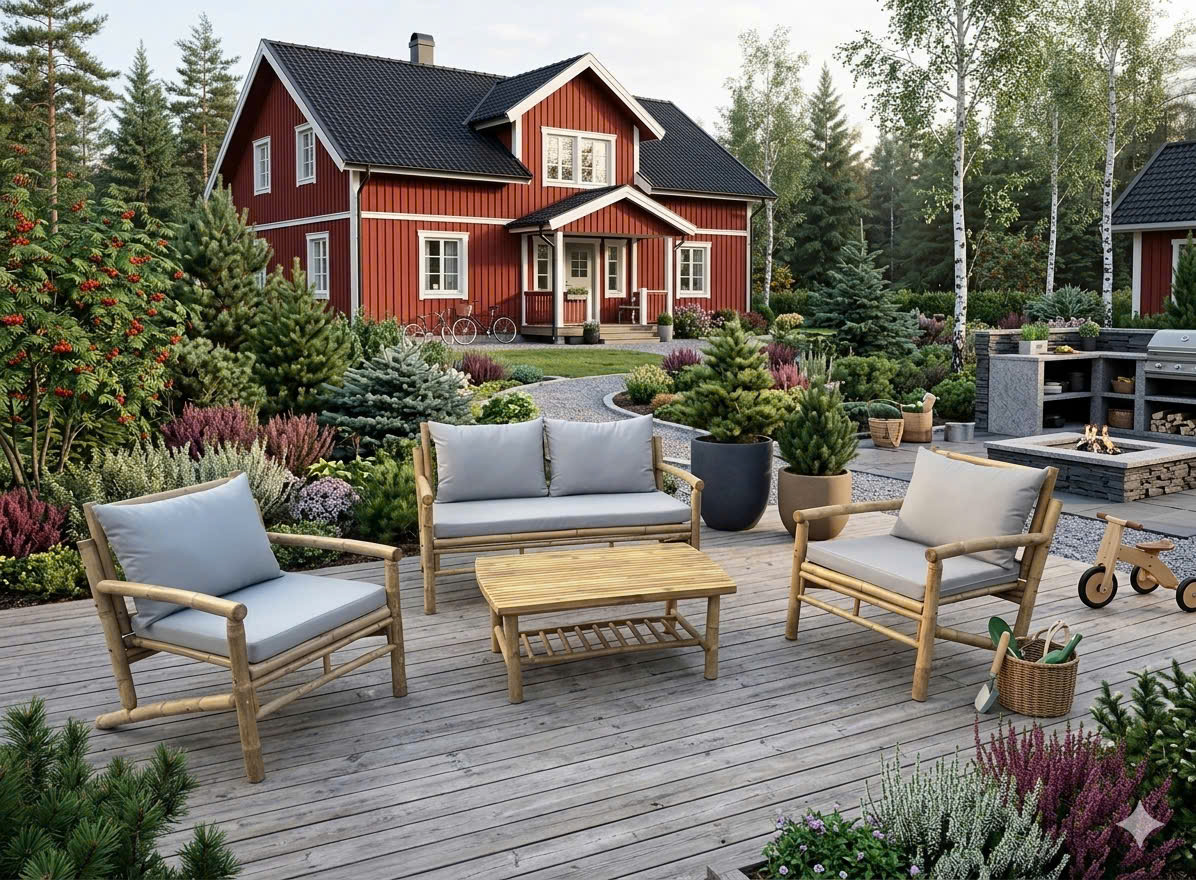 Custom bamboo sofa set with cushions, ideal for hospitality projects Custom bamboo sofa set with cushions, ideal for hospitality projects