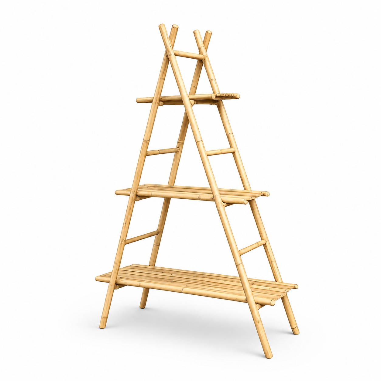Natural bamboo decorative ladder displaying towels in bathroom interior